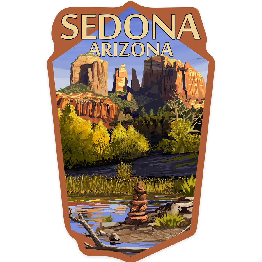 Sedona, Arizona, Cathedral Rock & Cairn, Contour, Lantern Press Artwork, Vinyl Sticker Sticker Lantern Press