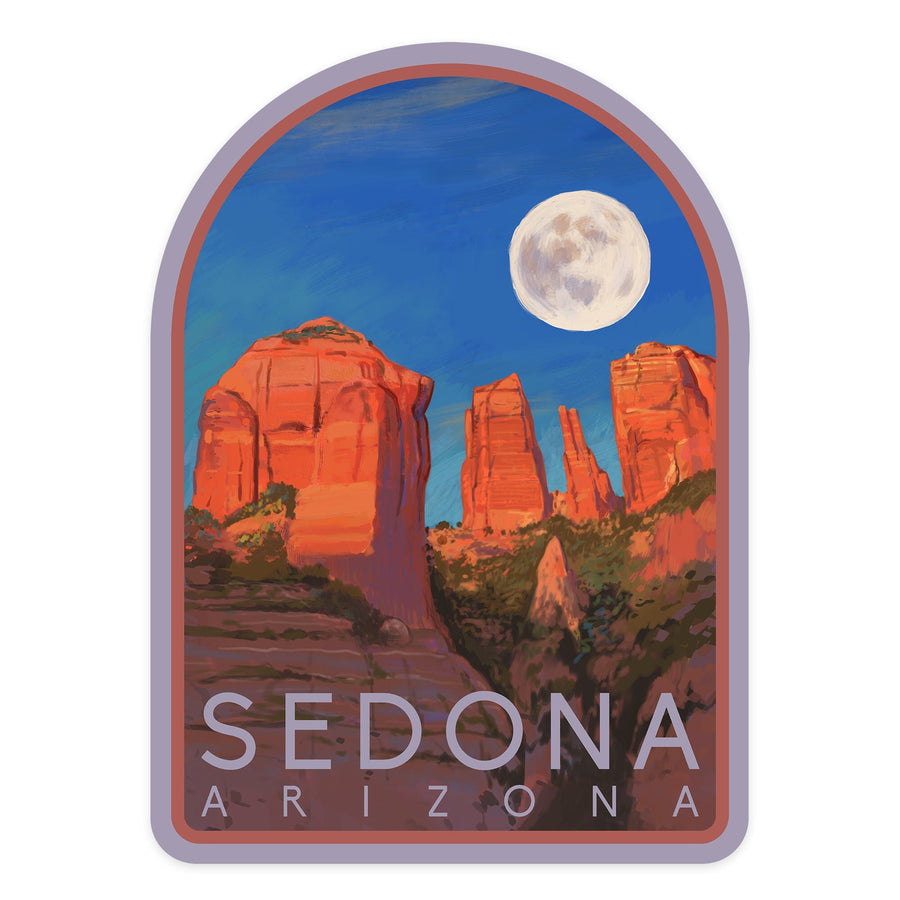 Sedona, Arizona, Cathedral Rock & Moon, Oil Painting, Contour, Lantern Press Artwork, Vinyl Sticker Sticker Lantern Press