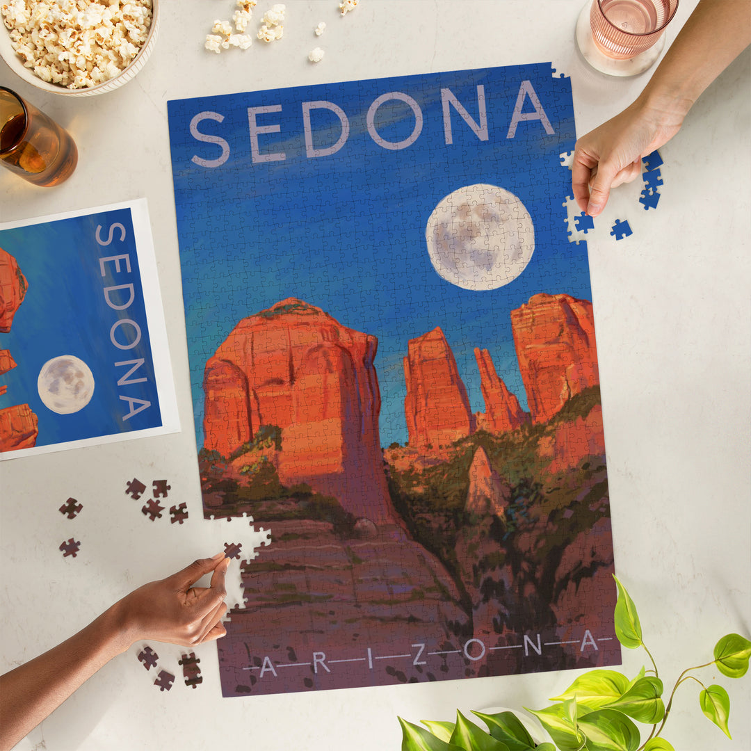 Sedona, Arizona, Cathedral Rock, Moon, Oil Painting, Jigsaw Puzzle Puzzle Lantern Press