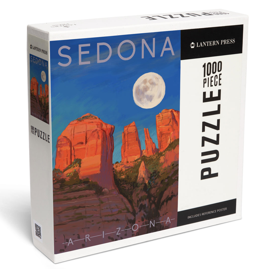 Sedona, Arizona, Cathedral Rock, Moon, Oil Painting, Jigsaw Puzzle Puzzle Lantern Press