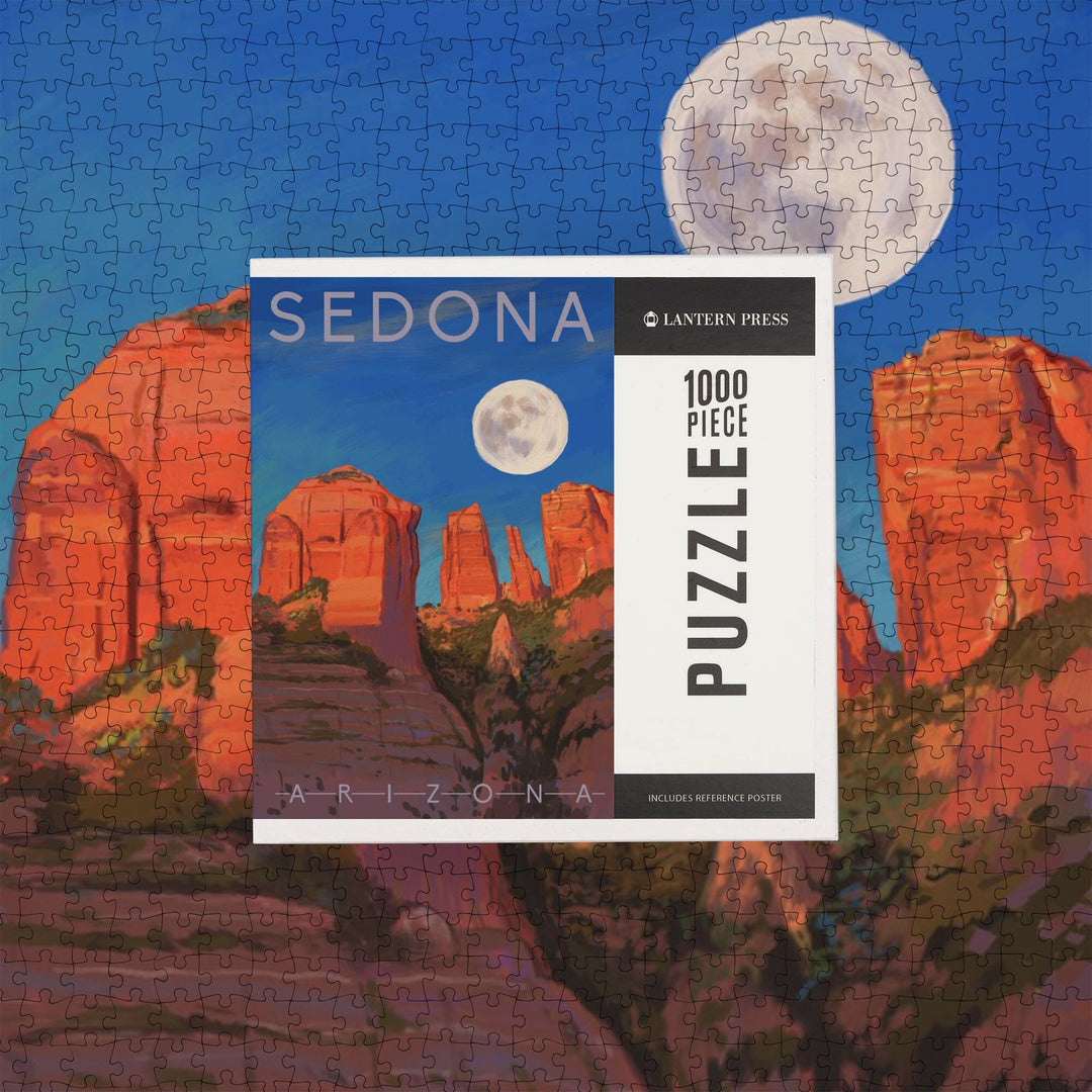 Sedona, Arizona, Cathedral Rock, Moon, Oil Painting, Jigsaw Puzzle Puzzle Lantern Press