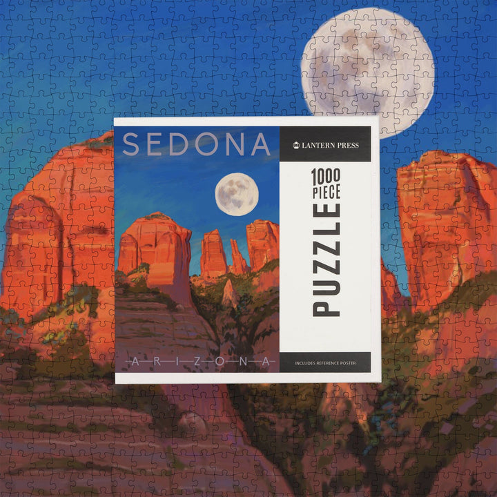 Sedona, Arizona, Cathedral Rock, Moon, Oil Painting, Jigsaw Puzzle Puzzle Lantern Press