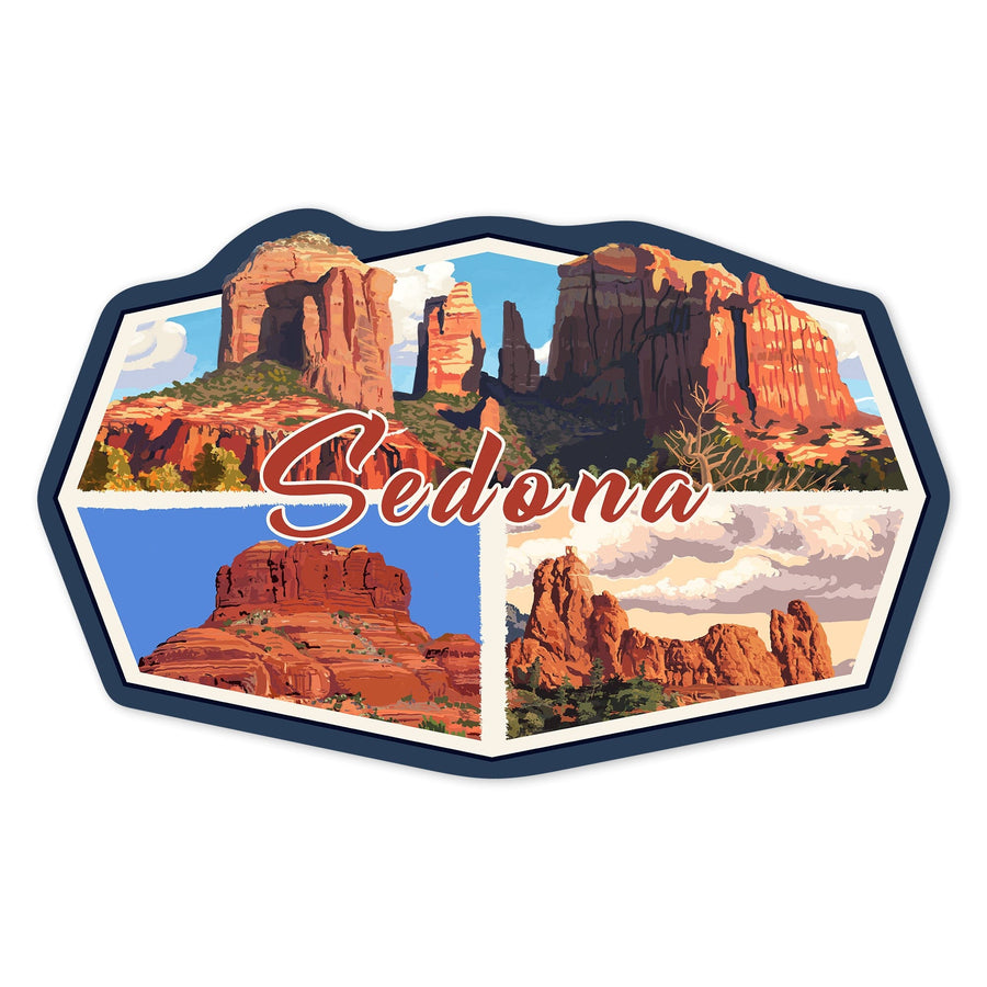 Sedona, Arizona, Collage, Contour, Lantern Press Artwork, Vinyl Sticker Sticker Lantern Press