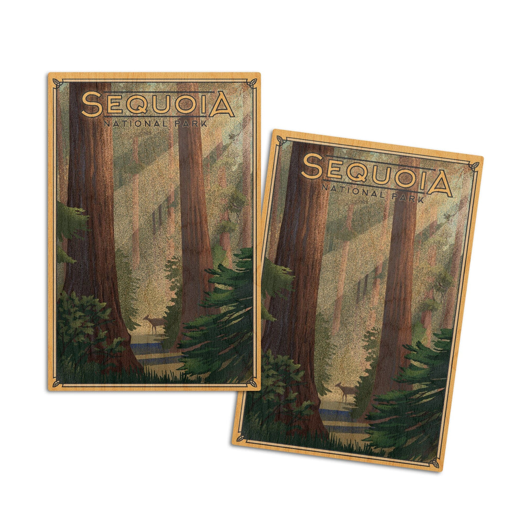 Sequoia National Park, California, Lithograph, Lantern Press Artwork, Wood Signs and Postcards Wood Lantern Press 4x6 Wood Postcard Set
