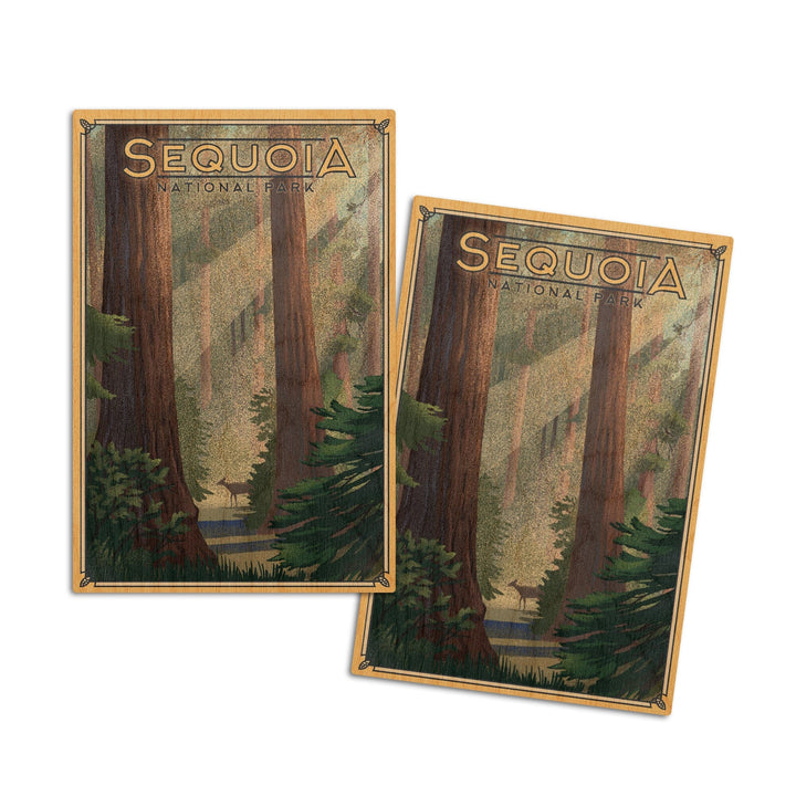 Sequoia National Park, California, Lithograph, Lantern Press Artwork, Wood Signs and Postcards Wood Lantern Press 4x6 Wood Postcard Set