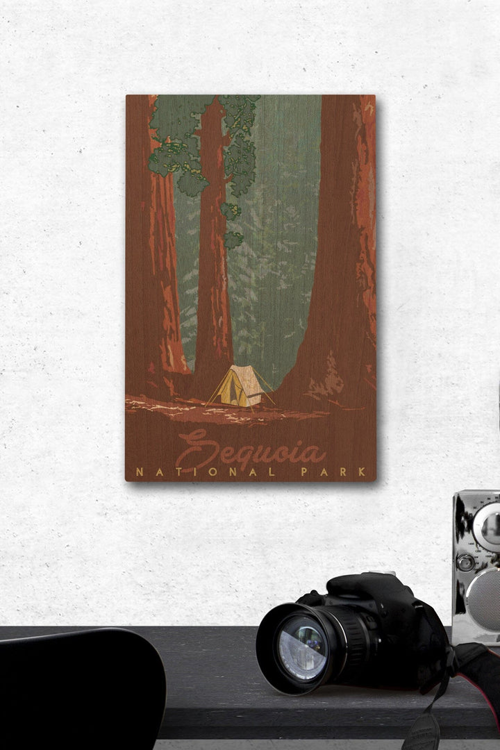 Sequoia National Park, California, Redwood Forest View, Sequoias & Tent, Lantern Press Artwork, Wood Signs and Postcards Wood Lantern Press 12 x 18 Wood Gallery Print