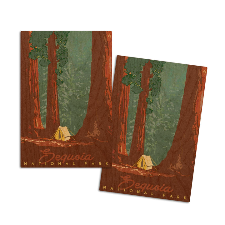 Sequoia National Park, California, Redwood Forest View, Sequoias & Tent, Lantern Press Artwork, Wood Signs and Postcards Wood Lantern Press 4x6 Wood Postcard Set
