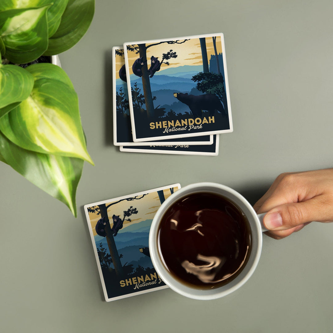 Shenandoah National Park, Black Bears, Lithograph, Coasters Coasters Lantern Press
