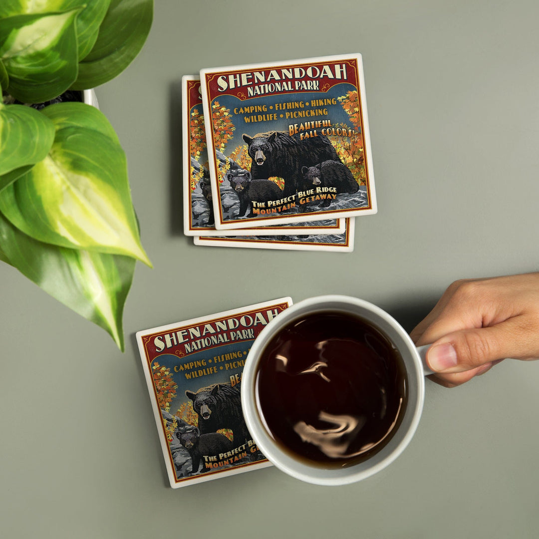 Shenandoah National Park, Virginia, Bear and Cubs Vintage Sign, Coasters Coasters Lantern Press