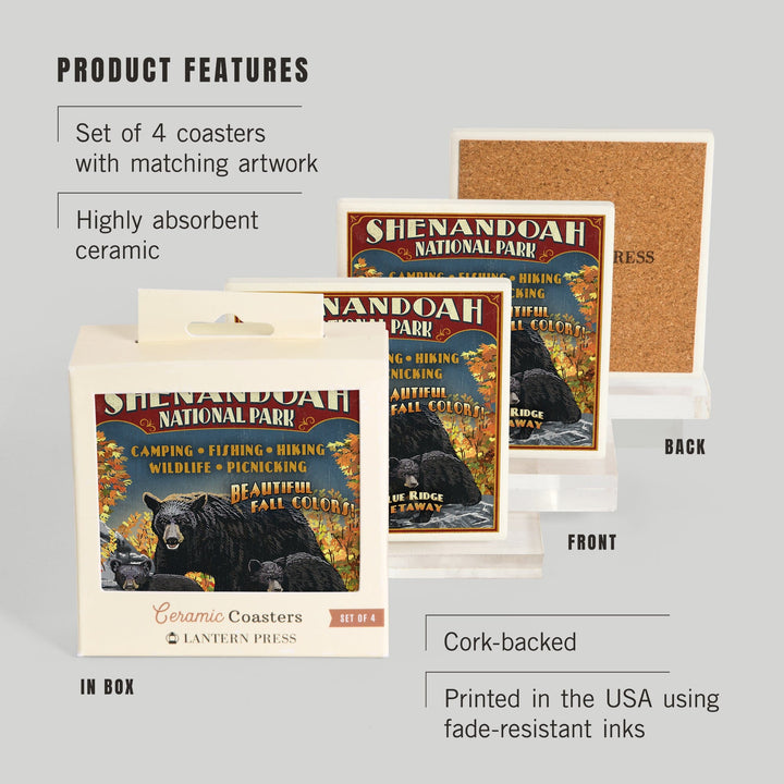 Shenandoah National Park, Virginia, Bear and Cubs Vintage Sign, Coasters Coasters Lantern Press