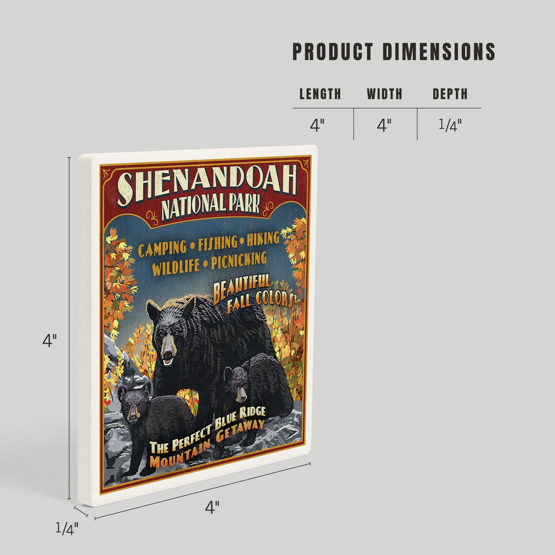 Shenandoah National Park, Virginia, Bear and Cubs Vintage Sign, Coasters Coasters Lantern Press