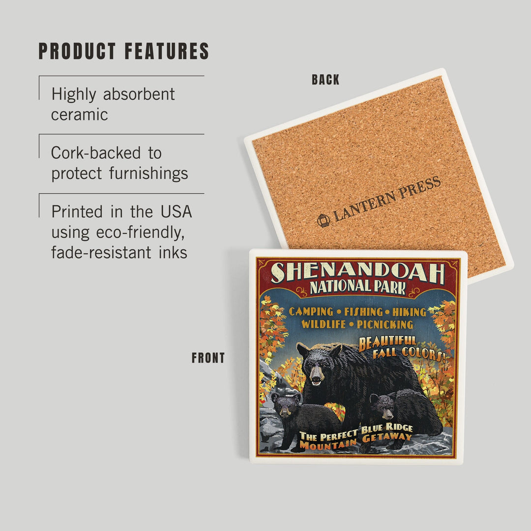 Shenandoah National Park, Virginia, Bear and Cubs Vintage Sign, Coasters Coasters Lantern Press