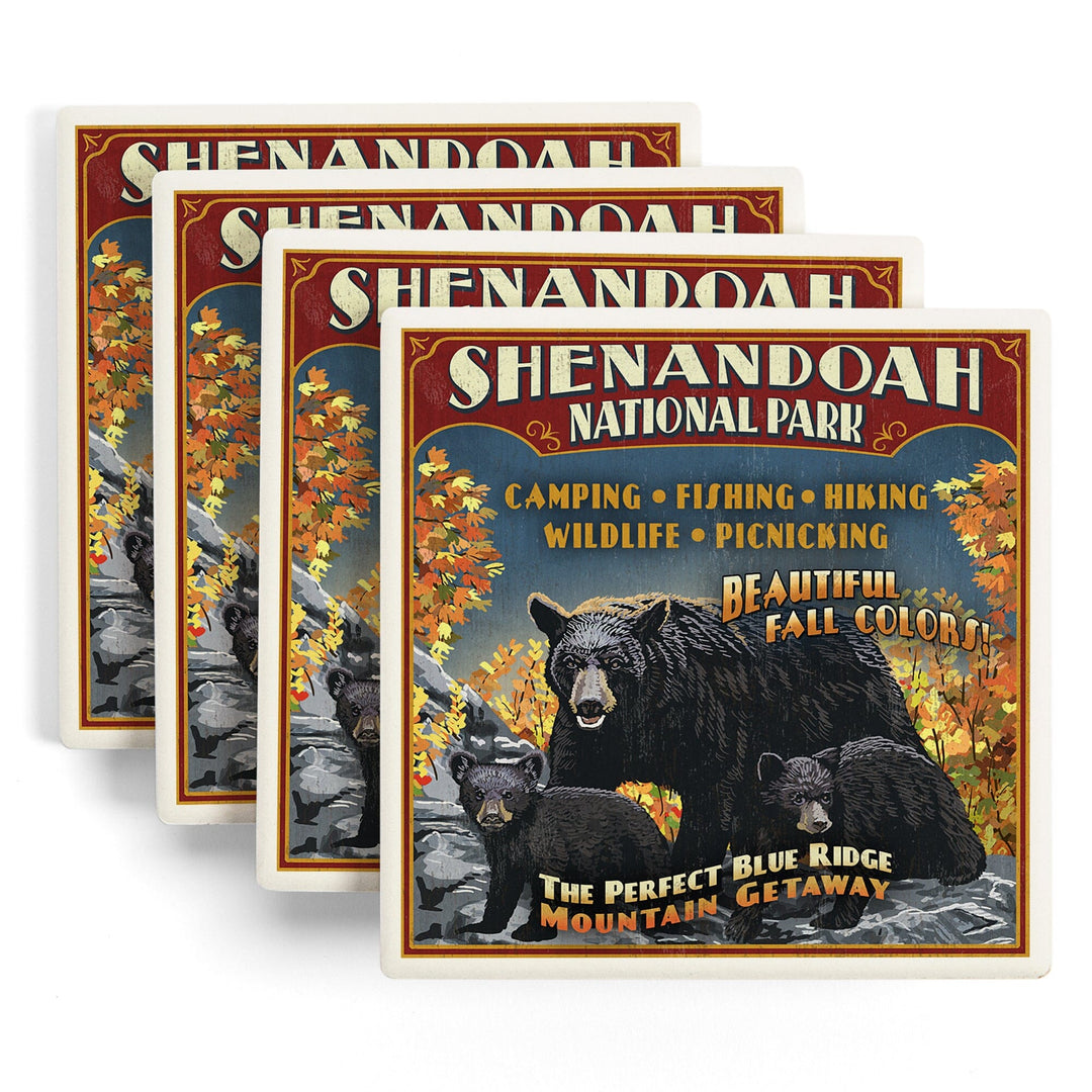 Shenandoah National Park, Virginia, Bear and Cubs Vintage Sign, Coasters Coasters Lantern Press