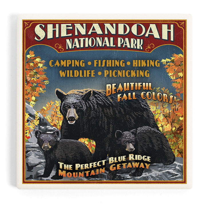 Shenandoah National Park, Virginia, Bear and Cubs Vintage Sign, Coasters Coasters Lantern Press Coaster