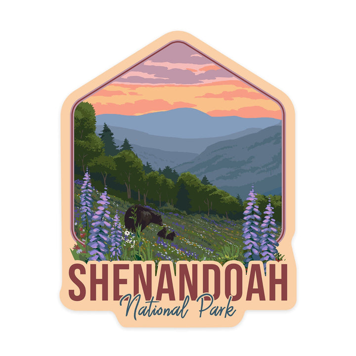 Shenandoah National Park, Virginia, Bear and Spring Flowers, Contour, Lantern Press Artwork, Vinyl Sticker Sticker Lantern Press
