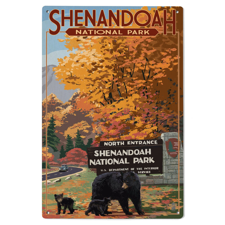 Shenandoah National Park, Virginia, Black Bear and Cubs at Entrance, Wood Signs and Postcards Wood Lantern Press