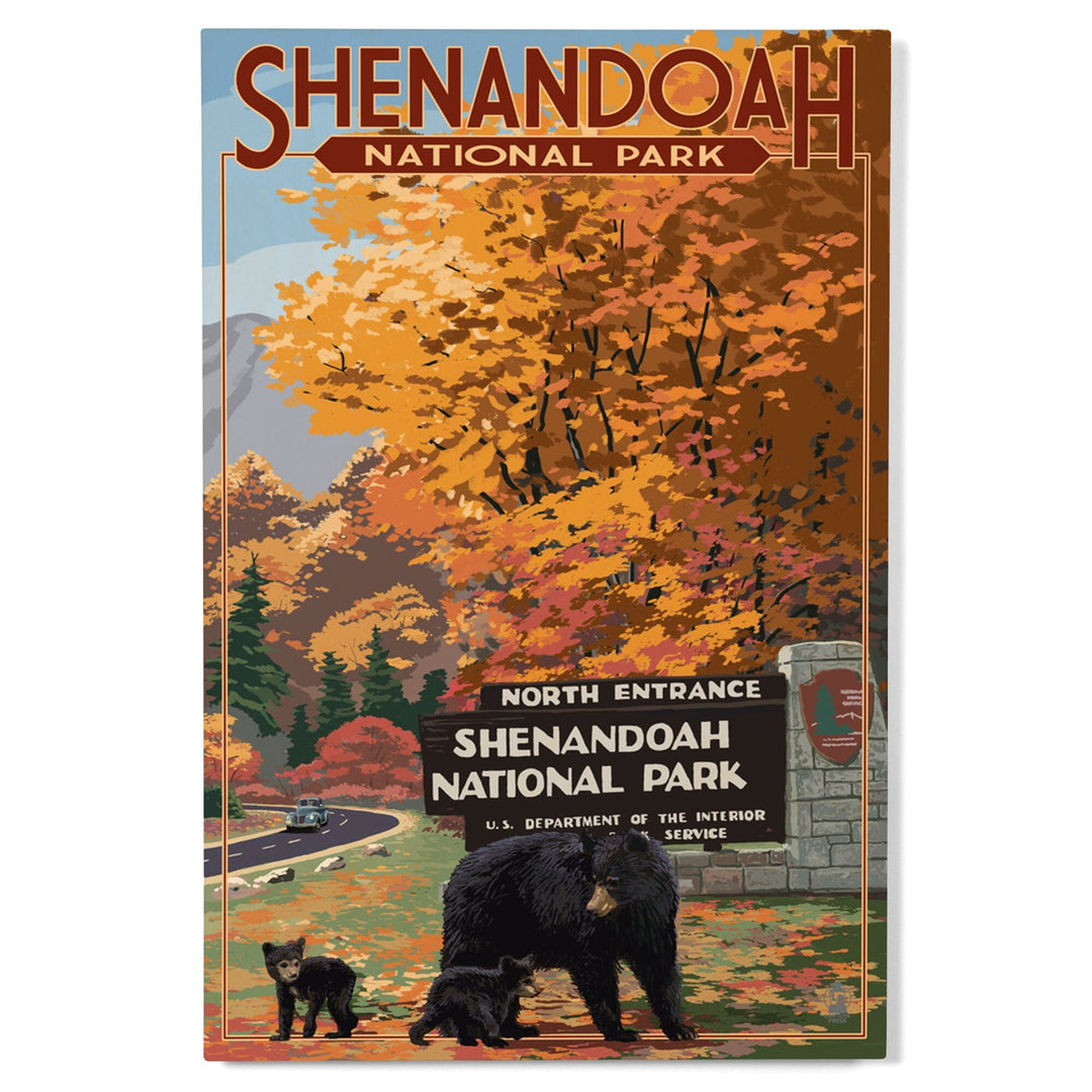 Shenandoah National Park, Virginia, Black Bear and Cubs at Entrance, Wood Signs and Postcards Wood Lantern Press