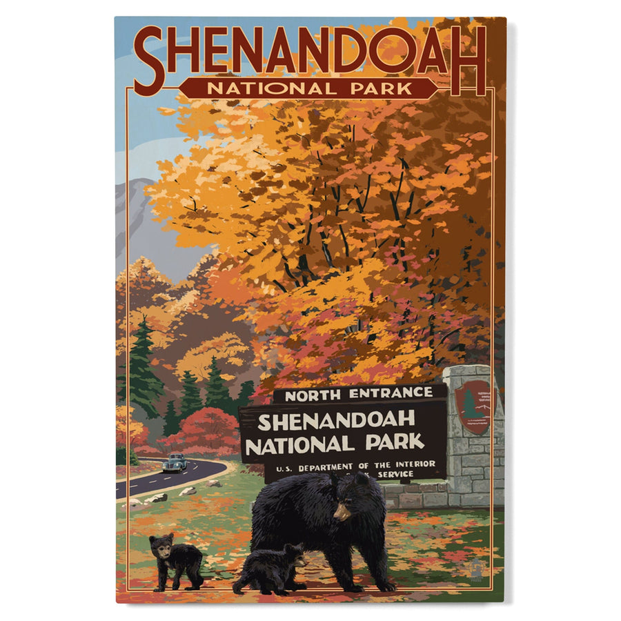 Shenandoah National Park, Virginia, Black Bear and Cubs at Entrance, Wood Signs and Postcards Wood Lantern Press