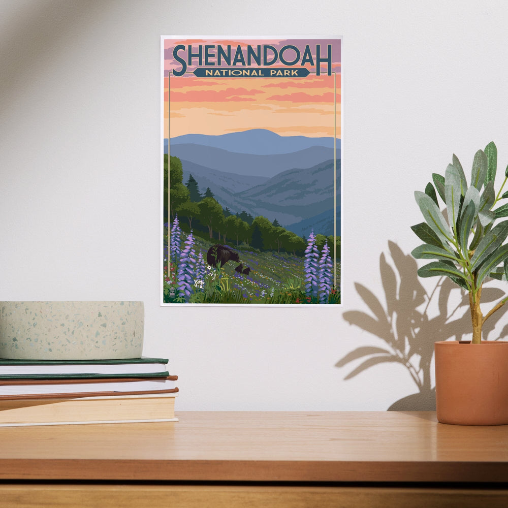Shenandoah National Park, Virginia, Black Bear and Cubs with Flowers, Art & Giclee Prints Art Lantern Press