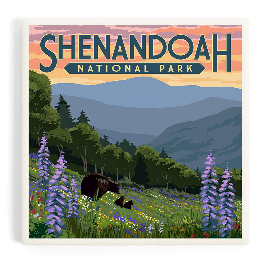 Shenandoah National Park, Virginia, Black Bear and Cubs with Flowers, Coasters Coasters Lantern Press