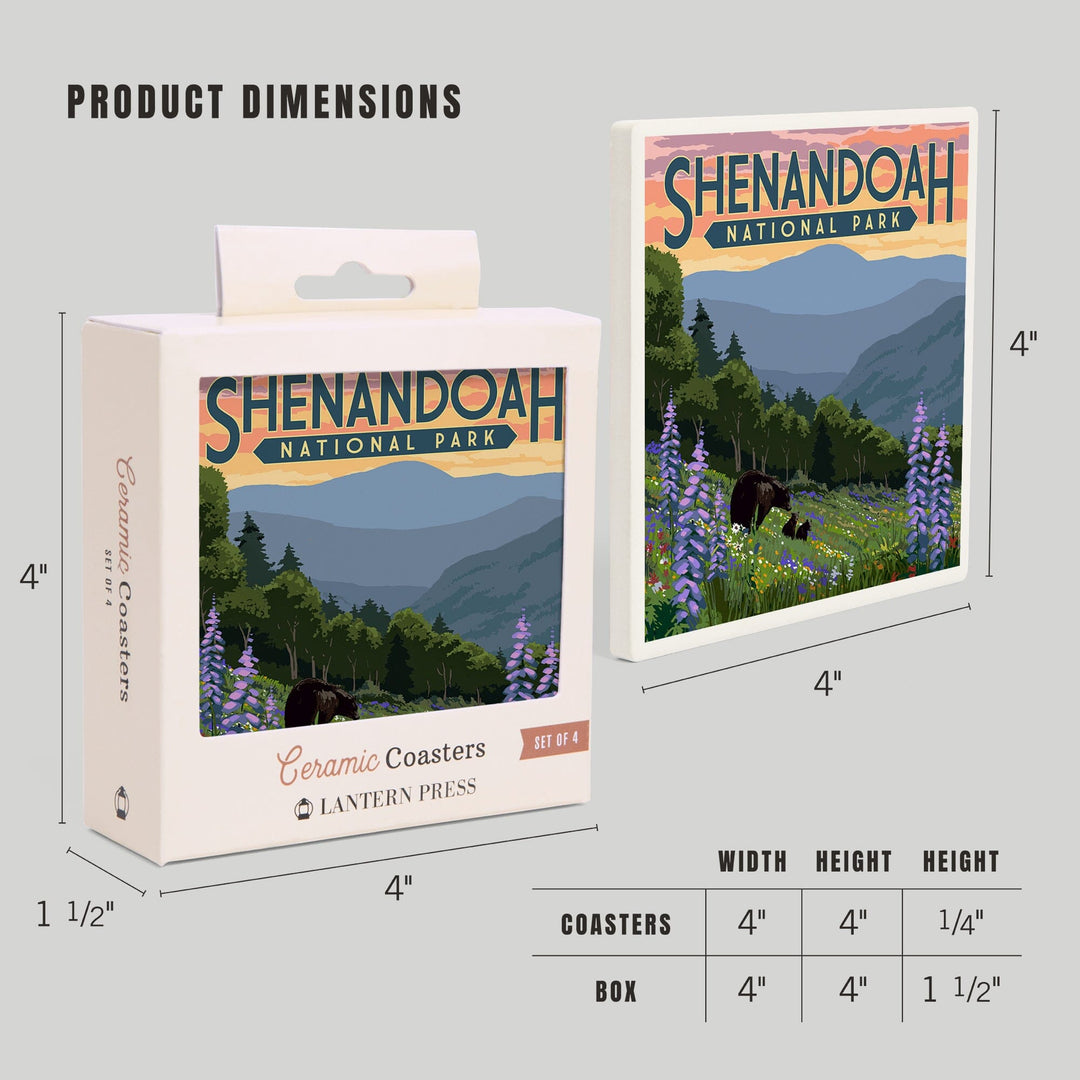 Shenandoah National Park, Virginia, Black Bear and Cubs with Flowers, Coasters Coasters Lantern Press