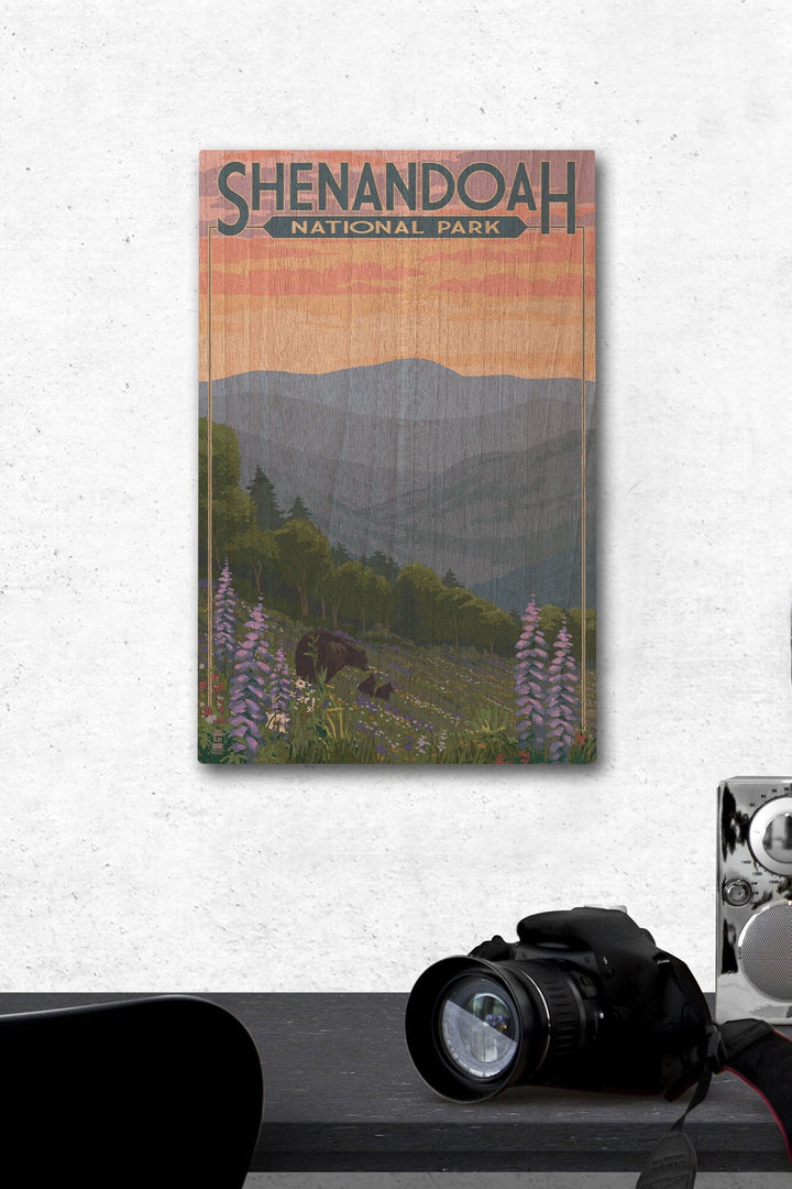 Shenandoah National Park, Virginia, Black Bear and Cubs with Flowers, Lantern Press Artwork, Wood Signs and Postcards Wood Lantern Press 12 x 18 Wood Gallery Print