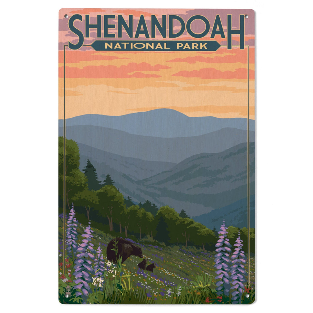 Shenandoah National Park, Virginia, Black Bear and Cubs with Flowers, Lantern Press Artwork, Wood Signs and Postcards Wood Lantern Press