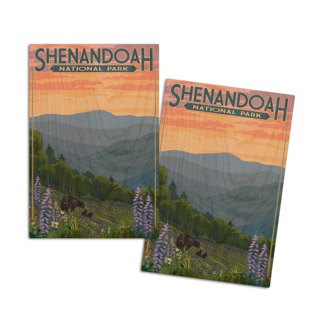 Shenandoah National Park, Virginia, Black Bear and Cubs with Flowers, Lantern Press Artwork, Wood Signs and Postcards Wood Lantern Press 4x6 Wood Postcard Set