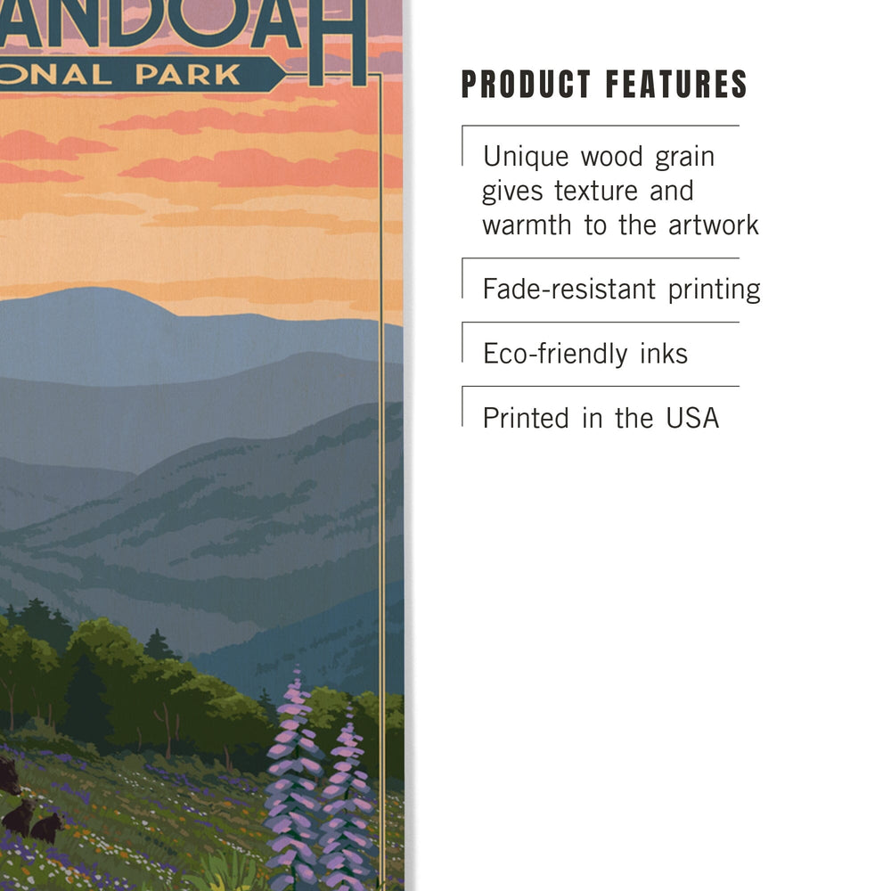 Shenandoah National Park, Virginia, Black Bear and Cubs with Flowers, Lantern Press Artwork, Wood Signs and Postcards Wood Lantern Press