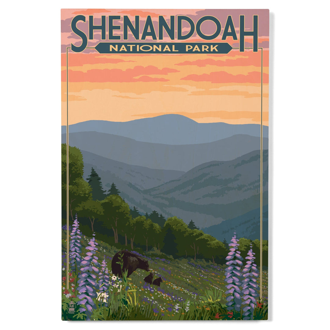 Shenandoah National Park, Virginia, Black Bear and Cubs with Flowers, Lantern Press Artwork, Wood Signs and Postcards Wood Lantern Press