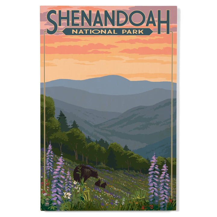 Shenandoah National Park, Virginia, Black Bear and Cubs with Flowers, Lantern Press Artwork, Wood Signs and Postcards Wood Lantern Press