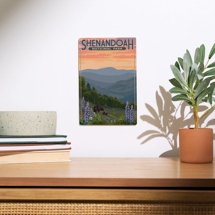 Shenandoah National Park, Virginia, Black Bear and Cubs with Flowers, Lantern Press Artwork, Wood Signs and Postcards Wood Lantern Press