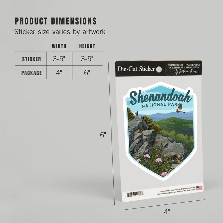 Shenandoah National Park, Virginia, Hikers & Hawk, Contour, Lantern Press Artwork, Vinyl Sticker Sticker Lantern Press