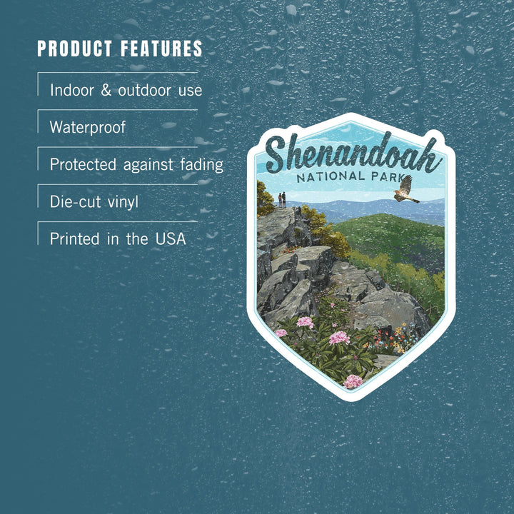 Shenandoah National Park, Virginia, Hikers & Hawk, Contour, Lantern Press Artwork, Vinyl Sticker Sticker Lantern Press