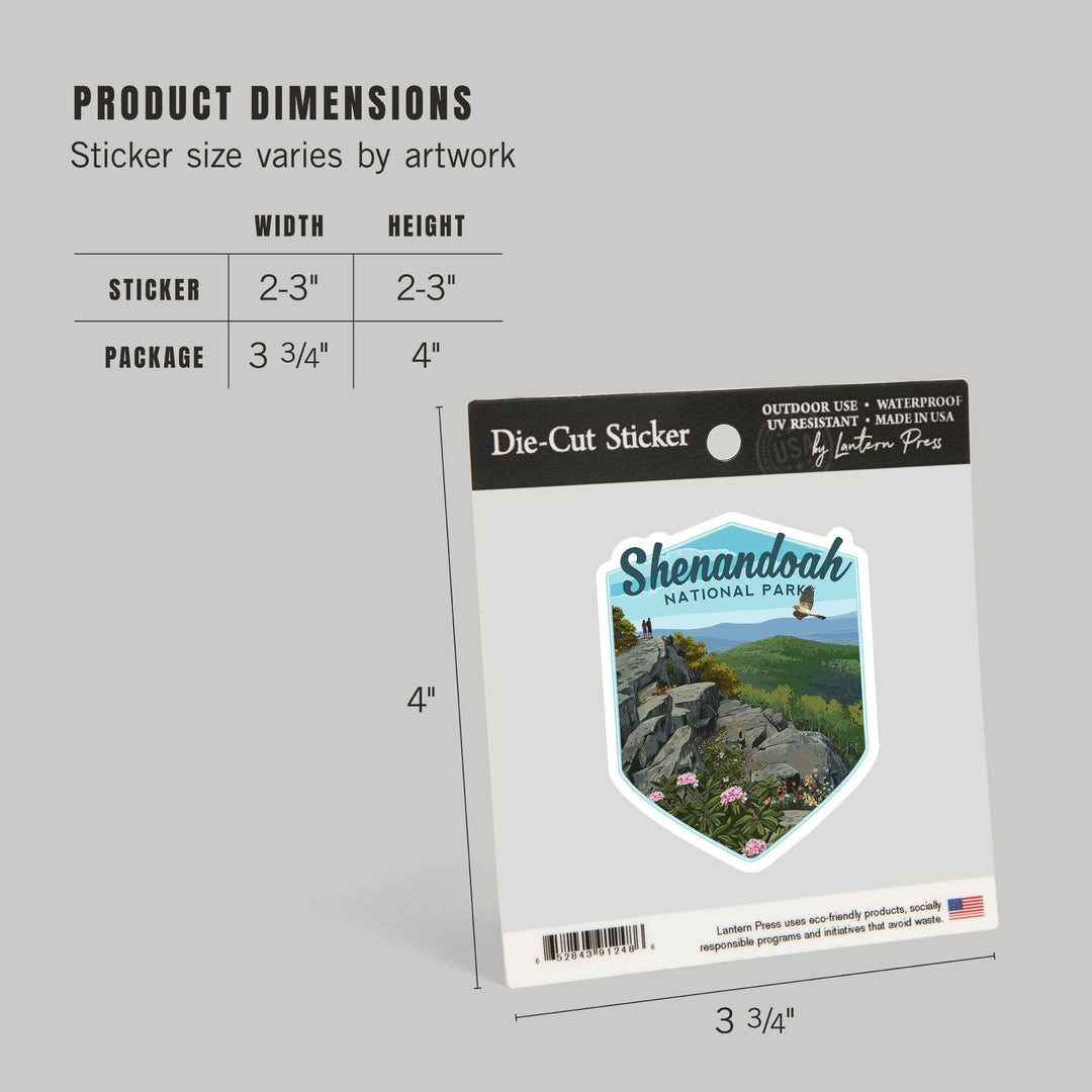Shenandoah National Park, Virginia, Hikers & Hawk, Contour, Lantern Press Artwork, Vinyl Sticker Sticker Lantern Press