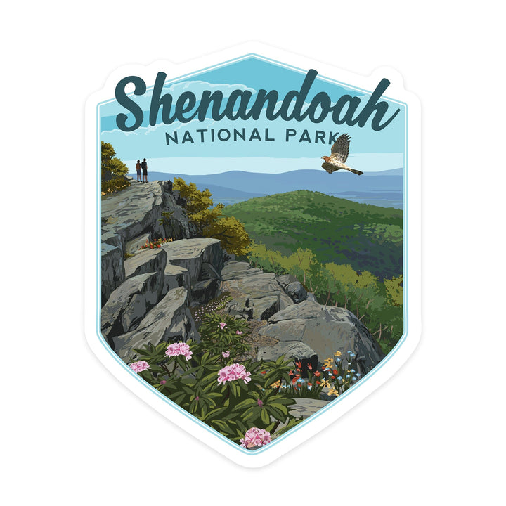 Shenandoah National Park, Virginia, Hikers & Hawk, Contour, Lantern Press Artwork, Vinyl Sticker Sticker Lantern Press