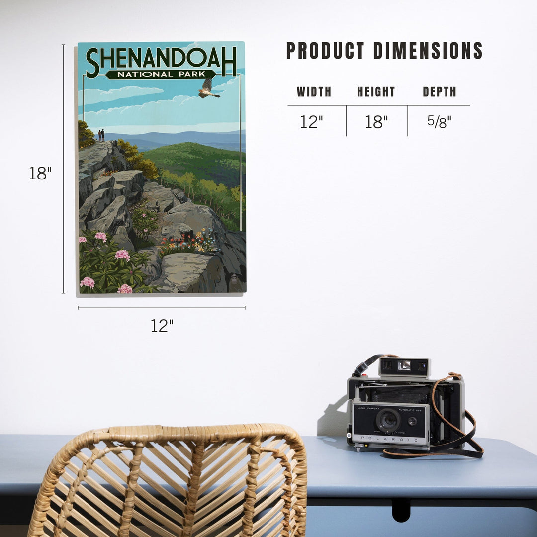 Shenandoah National Park, Virginia, Hikers & Hawk, Lantern Press Artwork, Wood Signs and Postcards Wood Lantern Press