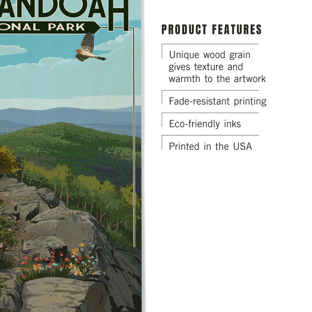Shenandoah National Park, Virginia, Hikers & Hawk, Lantern Press Artwork, Wood Signs and Postcards Wood Lantern Press