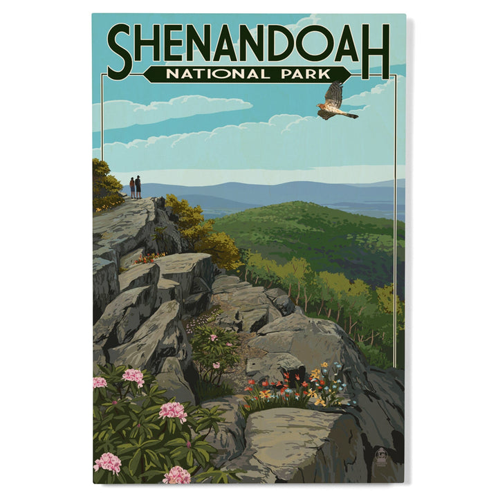 Shenandoah National Park, Virginia, Hikers & Hawk, Lantern Press Artwork, Wood Signs and Postcards Wood Lantern Press