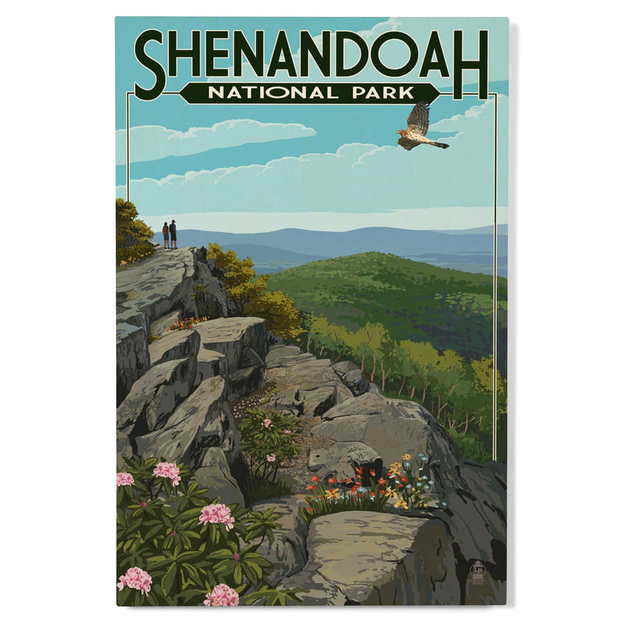 Shenandoah National Park, Virginia, Hikers & Hawk, Lantern Press Artwork, Wood Signs and Postcards Wood Lantern Press