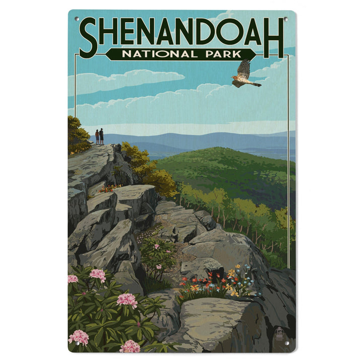 Shenandoah National Park, Virginia, Hikers & Hawk, Lantern Press Artwork, Wood Signs and Postcards Wood Lantern Press