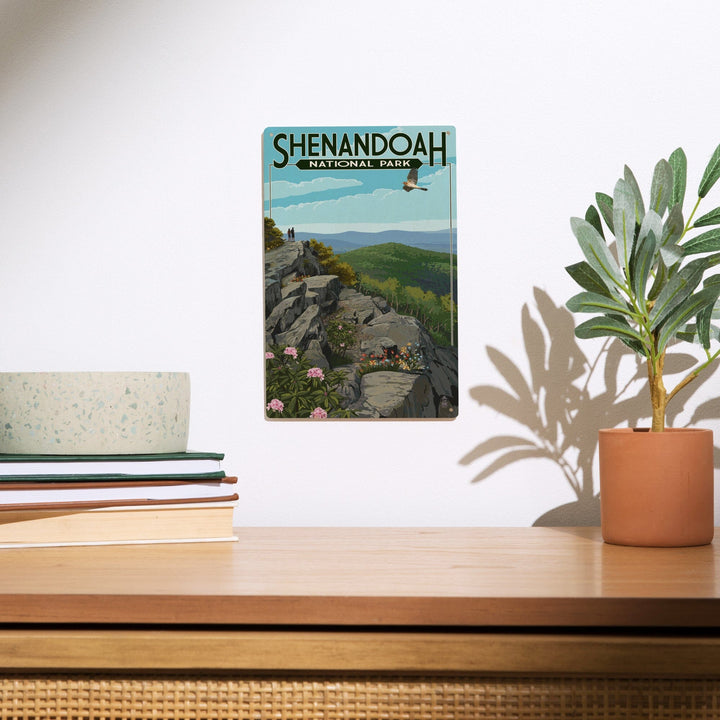 Shenandoah National Park, Virginia, Hikers & Hawk, Lantern Press Artwork, Wood Signs and Postcards Wood Lantern Press