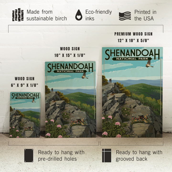 Shenandoah National Park, Virginia, Hikers & Hawk, Lantern Press Artwork, Wood Signs and Postcards Wood Lantern Press