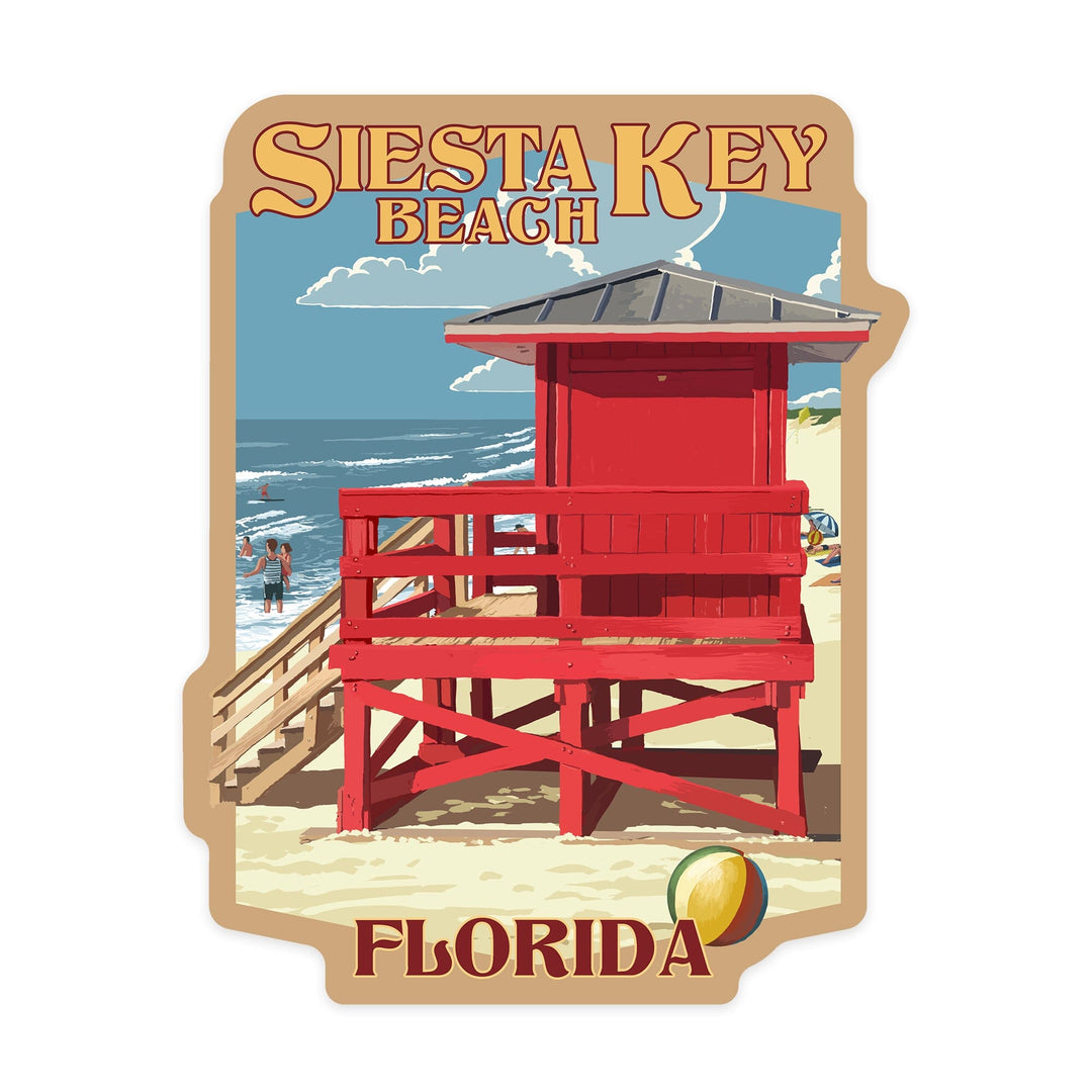 Siesta Key, Florida, Painterly, Lifeguard Stand, Contour, Vinyl Sticker Sticker Lantern Press