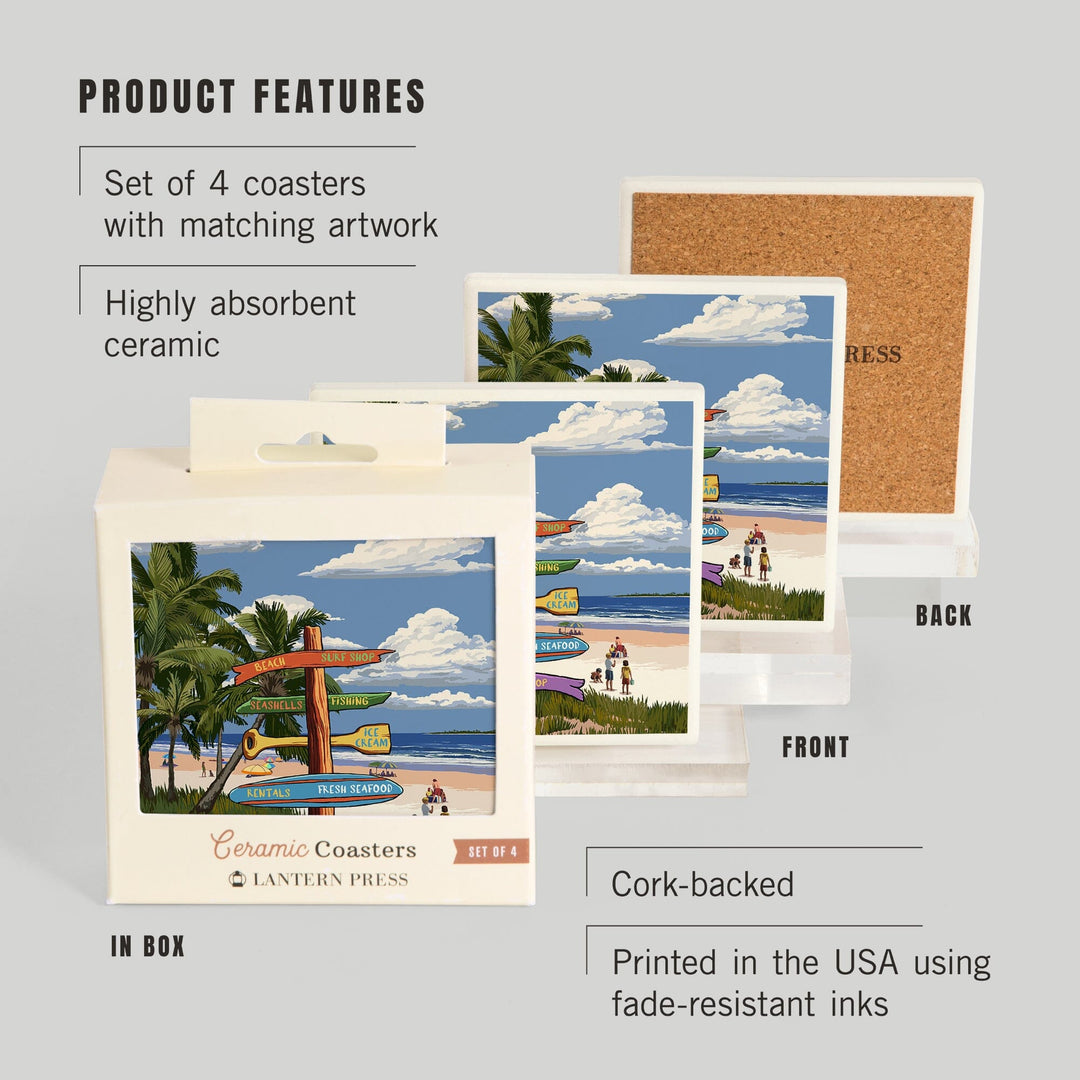 Signpost, Coast Beach with Palms,, Coasters Coasters Lantern Press