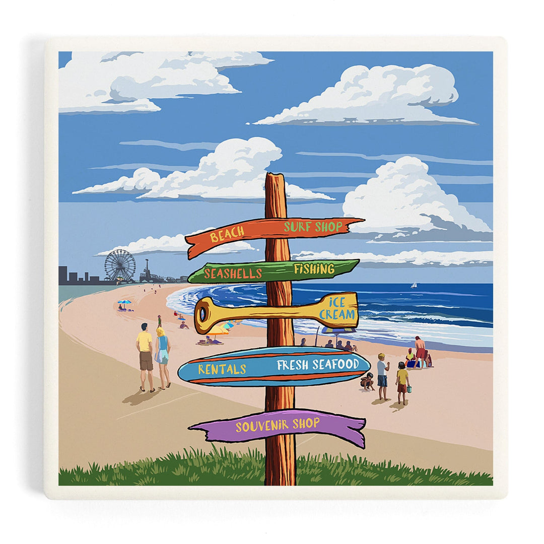 Signpost, Coast Beach with Pier,, Coasters Coasters Lantern Press Coaster