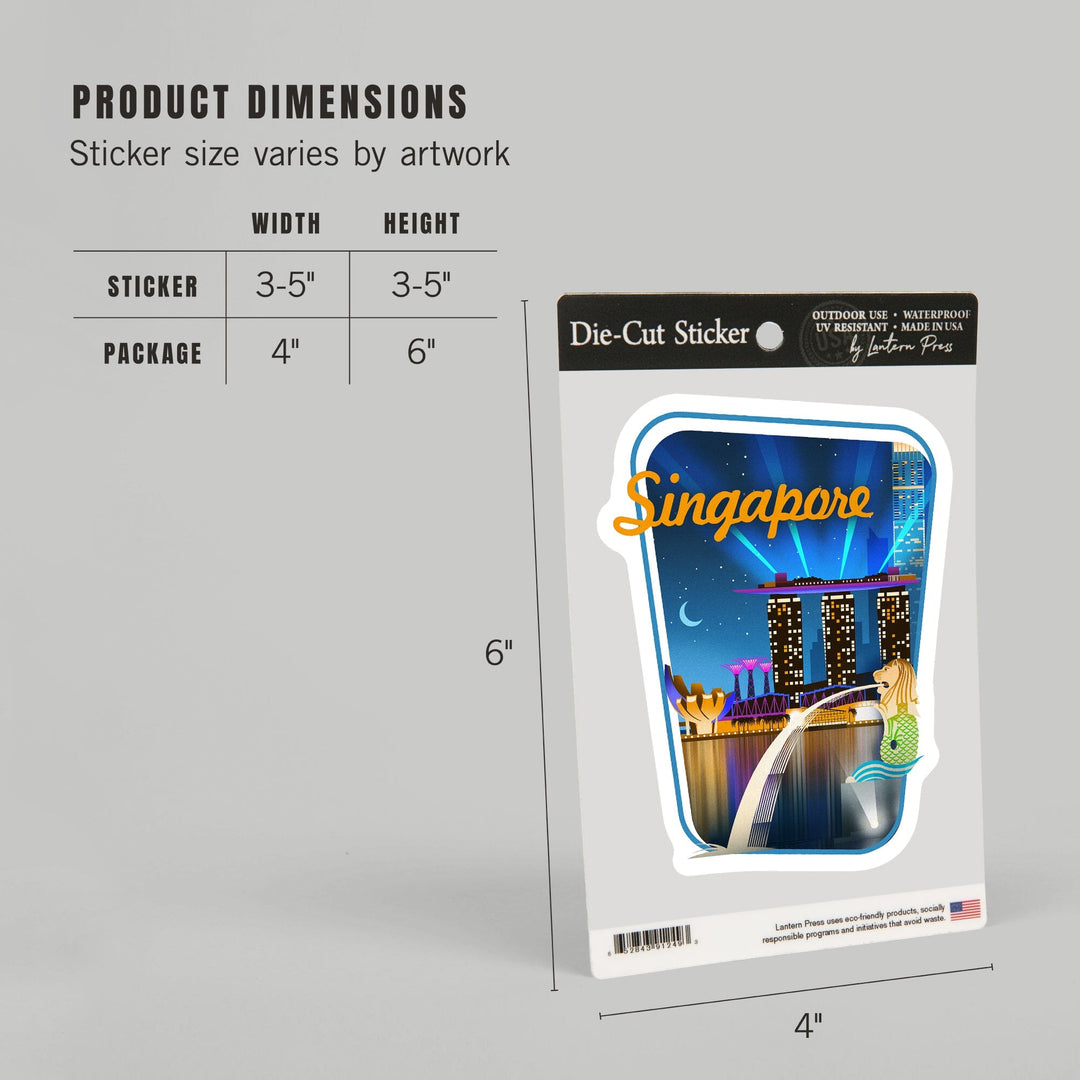 Singapore, Retro Skyline, Contour, Lantern Press Artwork, Vinyl Sticker Sticker Lantern Press
