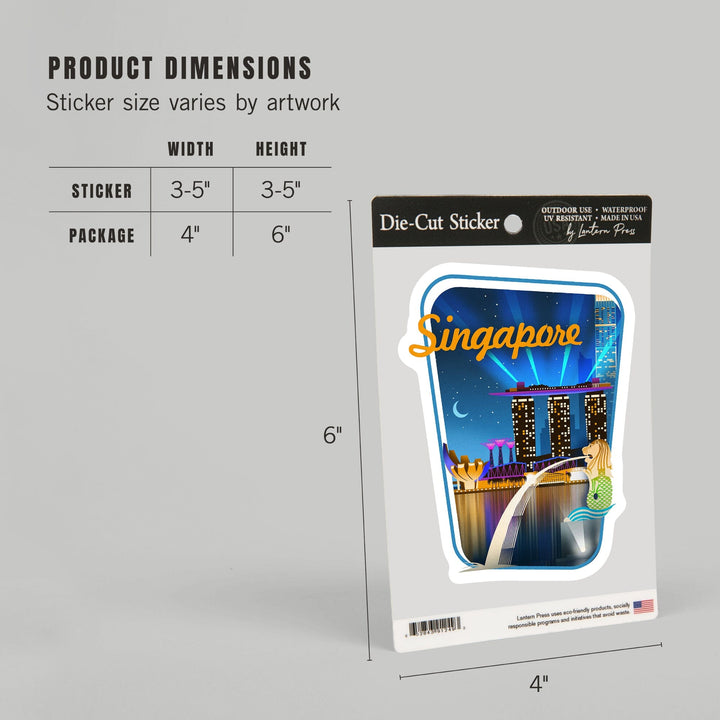 Singapore, Retro Skyline, Contour, Lantern Press Artwork, Vinyl Sticker Sticker Lantern Press