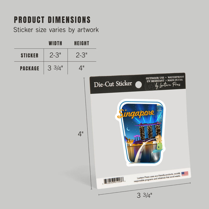 Singapore, Retro Skyline, Contour, Lantern Press Artwork, Vinyl Sticker Sticker Lantern Press