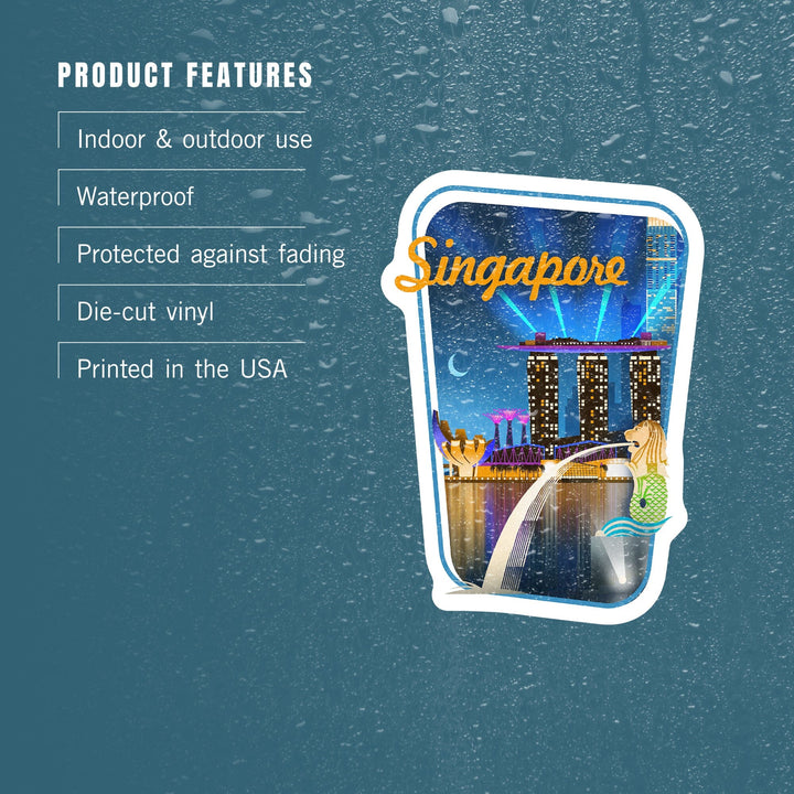 Singapore, Retro Skyline, Contour, Lantern Press Artwork, Vinyl Sticker Sticker Lantern Press